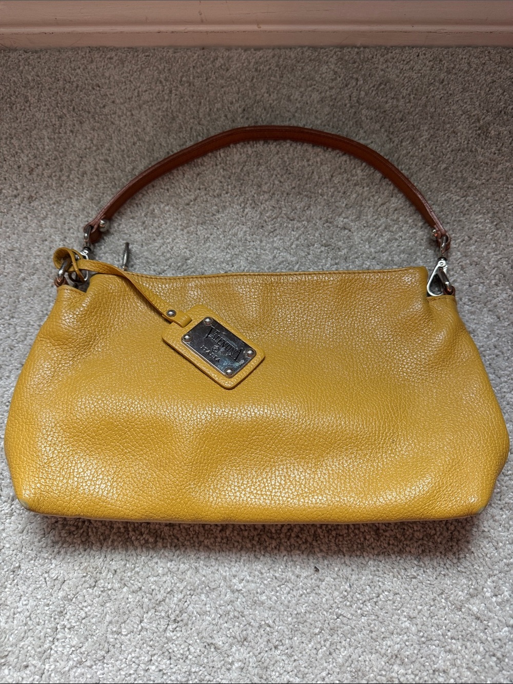 Valentina Yellow Leather Shoulder Bag with Brown Handle